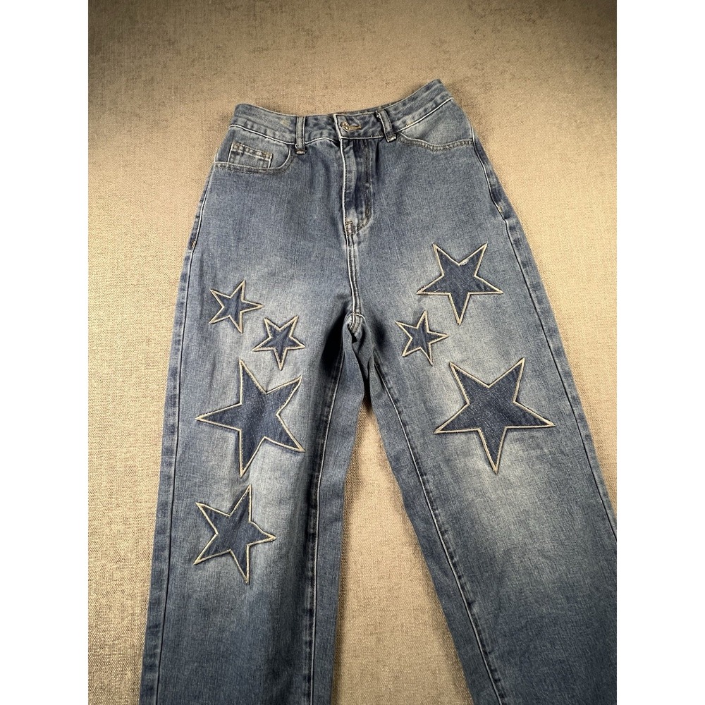 Women's Jeans 25 Baggy Star Patches High Rise Wide Leg Streetwear Blue Y2K